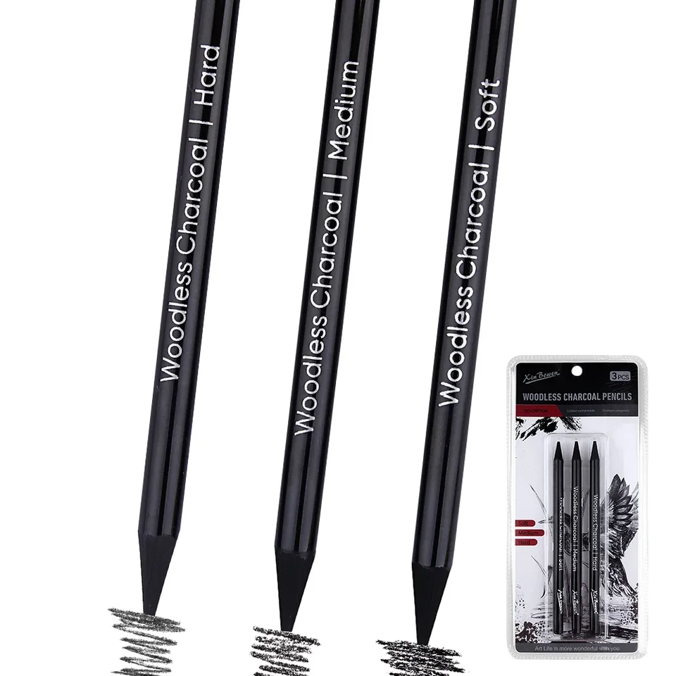 3pcs Woodless Graphite Cencils nastavený mäkký stredne tvrdý nákres kreslenie Čierne uhlie ceruzky umelecké zásoby pre umelcov študentom