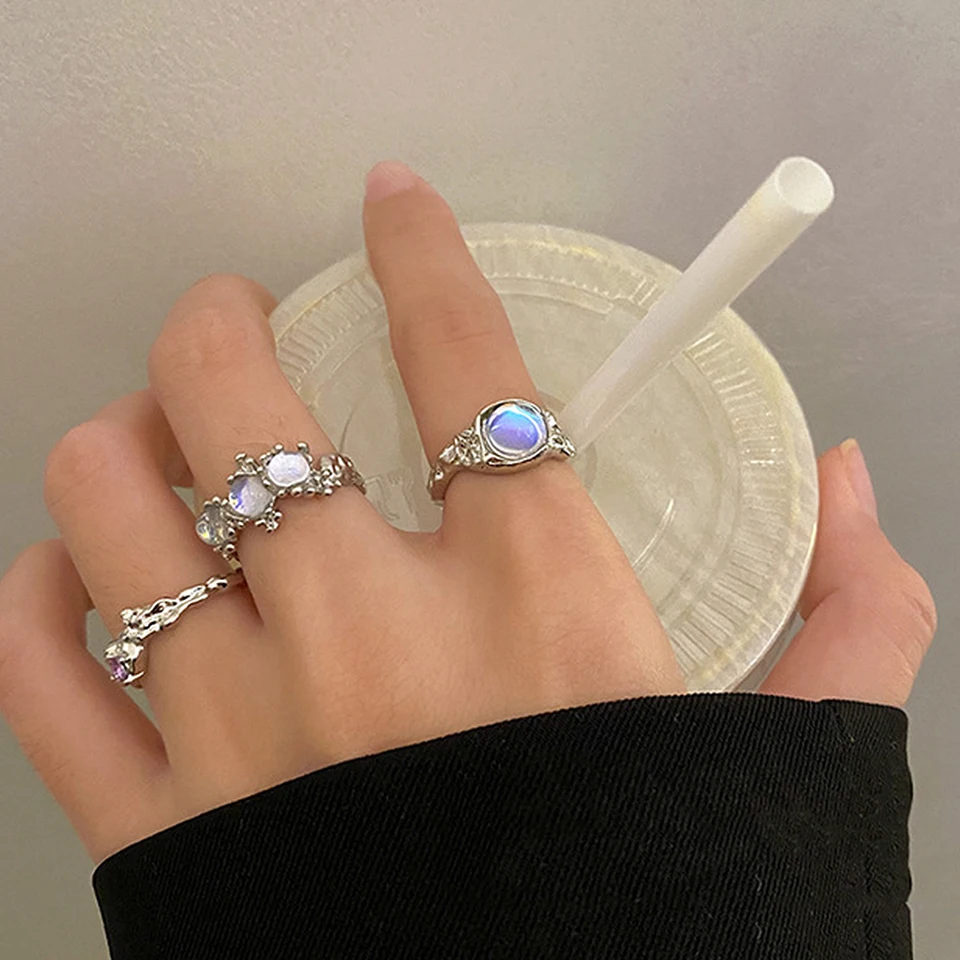 3pcs y2k geometria opal mesačné krúžky súpravy pre dospievajúci