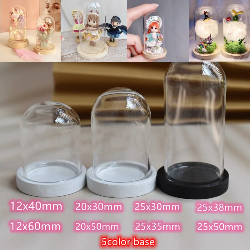 3x Mini sklenené kupoly zvončeky Cloche Displej Drevená základňa Domáca dekorácia spálň