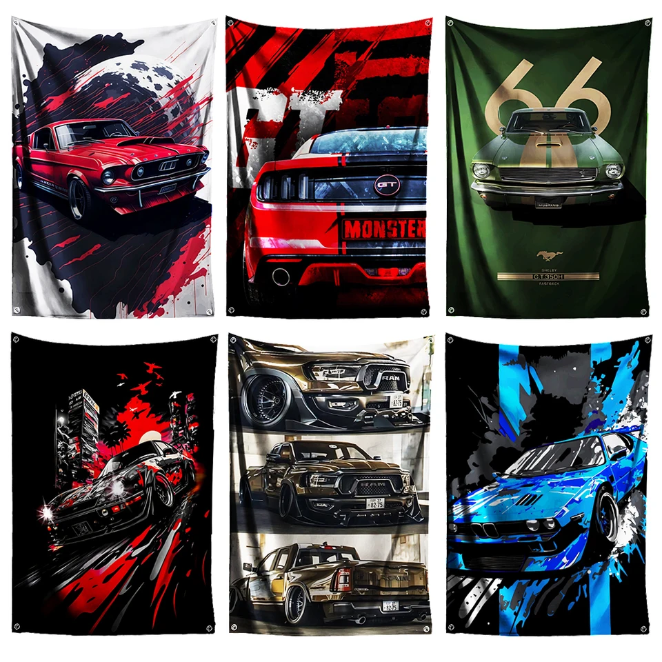 3x5 ft vintage americké svalové autá vlajky Polyester Digital Printing Banner pre garážové nástenné umenie výzdoba dverí s priechodkami