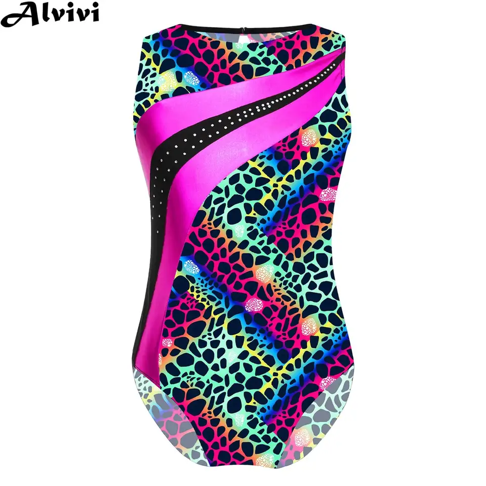 4-14y Girls bez rukávov tlač Gymnastický baletný tanec Dance trikot korčuľovanie Yoga Sports BodySuit Swimming Sweeting Dancewear Plaim