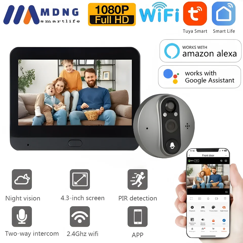 4,3 palca TUYA SMART VIDEO VIDEO PEEPHOLE DOORALE BURNE CAMERA WIFI WIFI Obojsmerná kamera Audio Digital Magic Eye Eye Dverne -Bell Camera v dverách kufolov