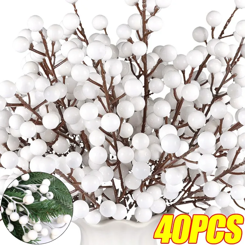 4/40X Simulované biele bobule vetvy umelé bobule stonky falošné kvety Vianoce Holly Branch DIY Vianoc Vianoce DECON