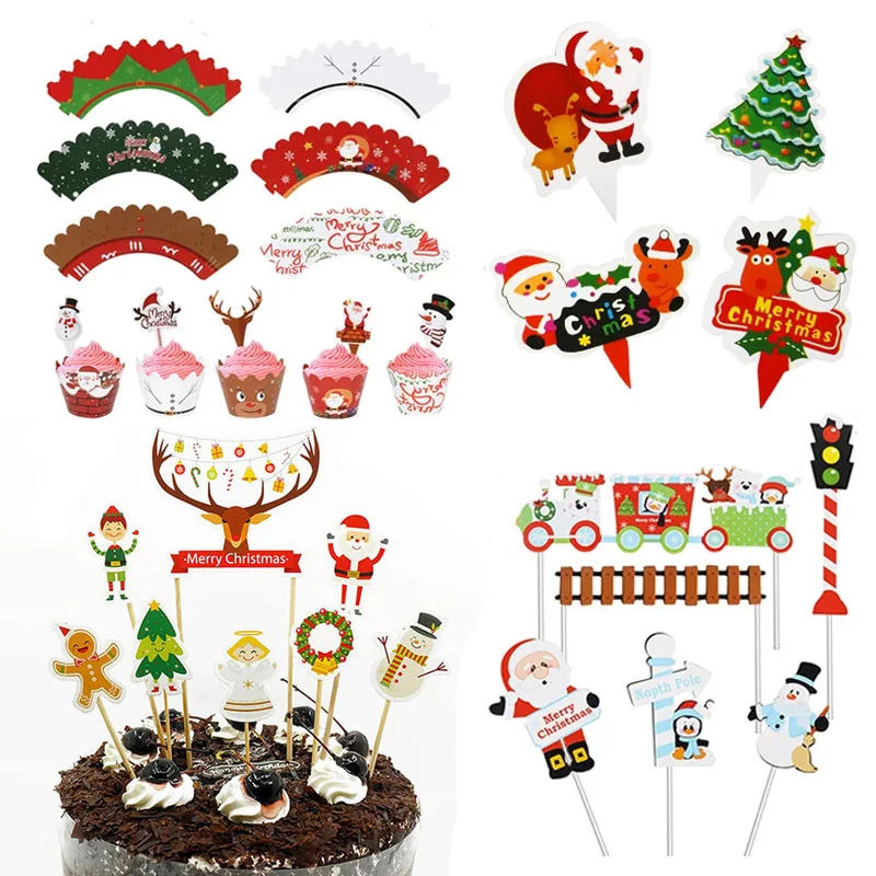 4/50ks Nové vianočné DIY Cake Dekorácie roztomilý snehuliak Santa Claus vianočný stromček Cupcake Toppers Nový rok vianočný darček