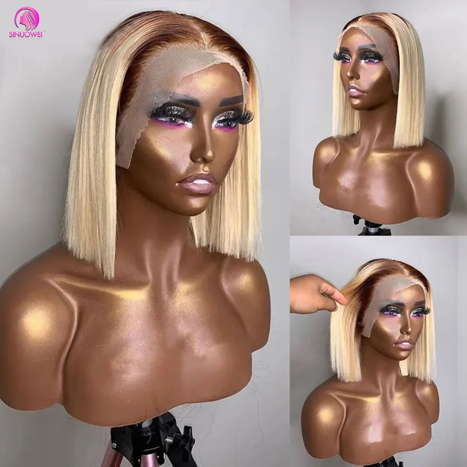 4/613 Omber Honey Blonde Short Bob Parochňa 180% Hustota 13 × 4 priehľadné čipky predné ľudské vlasy parochňa T4/613 Priama parochňa pre ženy