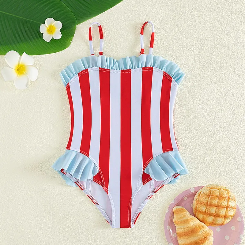 4-7ročné dievčatá letné bikiny Set jednodielny pruhový sada súpravy Dievčatá Dievča