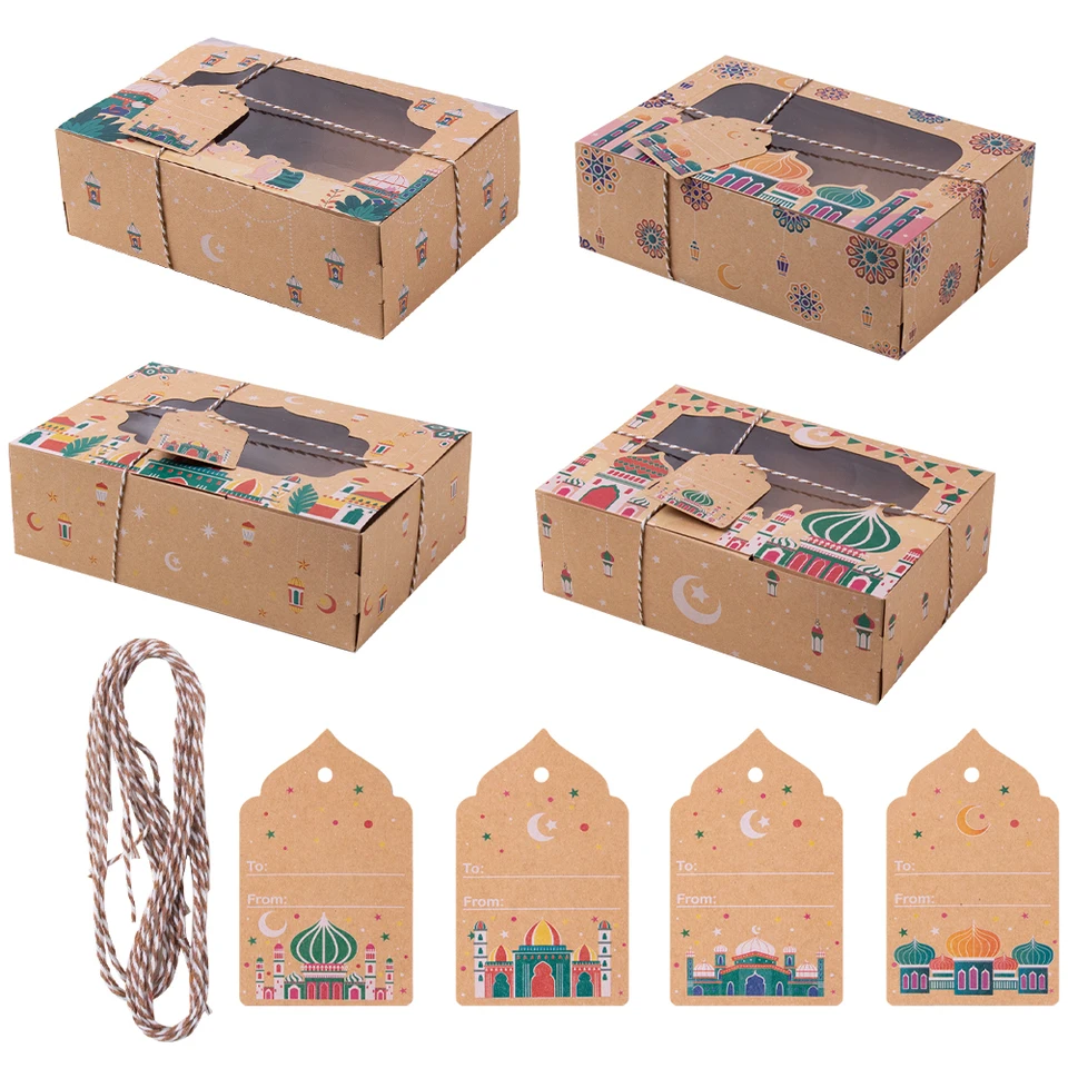 4/8ks Ramadan Mubarak Kraft Paper Darčekové boxy s obalom s obalom okien Ramadan Kareem Cookies Box Eid Mubarak Decorácie