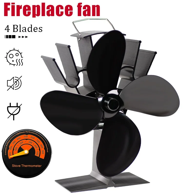 4 Blade Heat Poháňaný ventilátor Ventilát Čierny krb fanúšikov