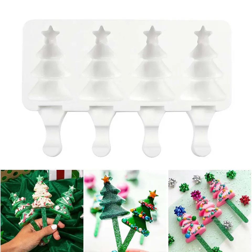 4 bunky vianočné stromčeky Popsicle formy DIY Tree Tvar čokoládovej formy Drevené koláčové zdobenie náradie kuchynské doplnky
