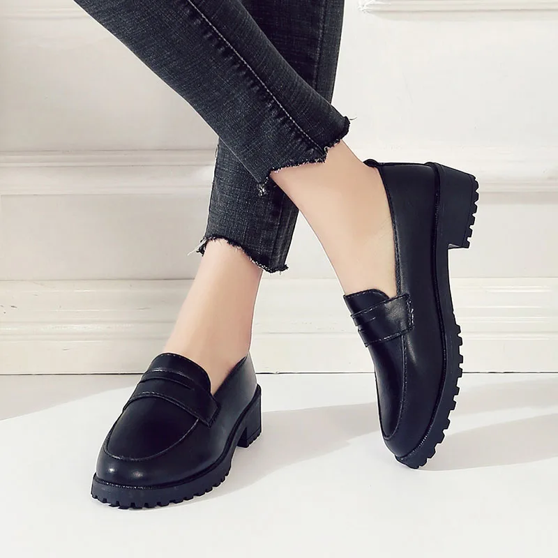 4 cm ženské mokasíny plochý na platforme topánky pre ženské topánky Oxford Black Loafer Slip na kožené topánky Príležitostné Zapatos Mujer 1210C