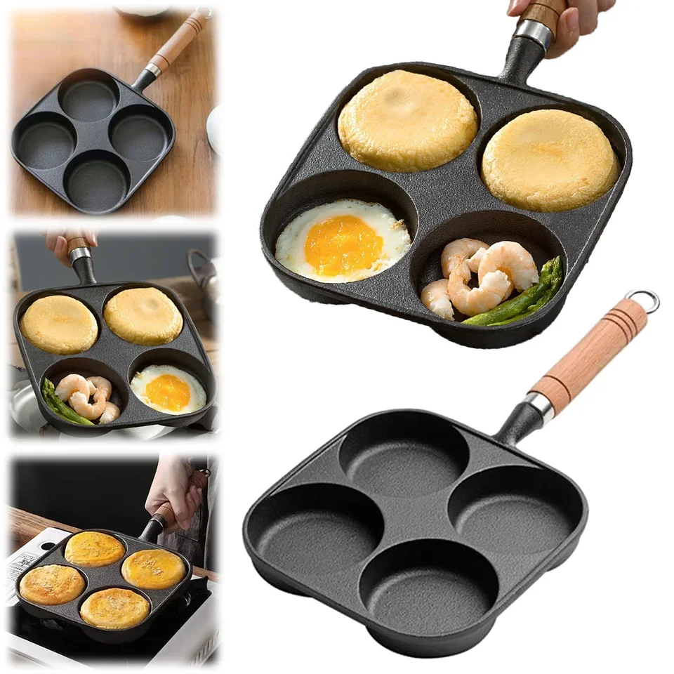 4-dierová panvica Drevená rukoväť Non palica raňajky Burger Egg Pancake Maker Fring hrn