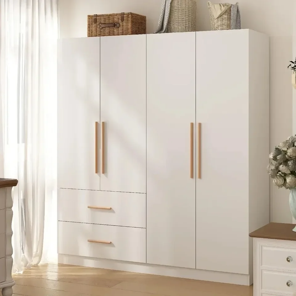 4 dvere šatníka, armoire komoda s 2 zásuvkami, drevená šatníková skrinka na zavesenie oblečenia, organizátor šatníkových odevov, biela