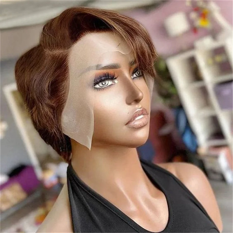 4# hnedá rovná pixie strihová parochňa priehľadná čipka čelných ľudských vlasov Parochne krátke bobové parochňu vopred brazílske ľudské vlasy pre ženy