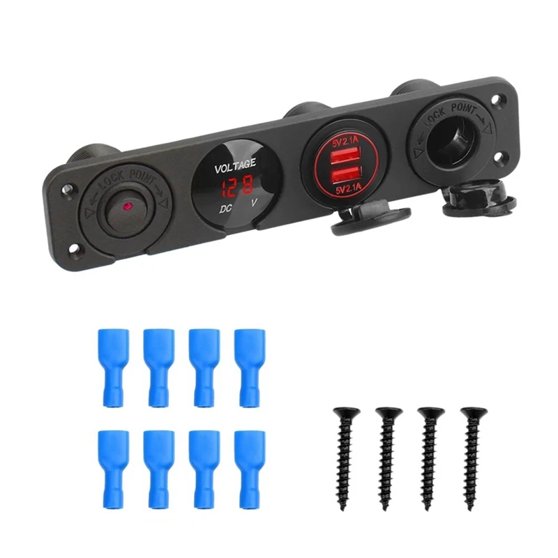 4 In 1 Ca-Cigarette Svetel Rocker Switch Digital Voltmeter Dual USB Power Charger 12V Power Socket Prach odolný