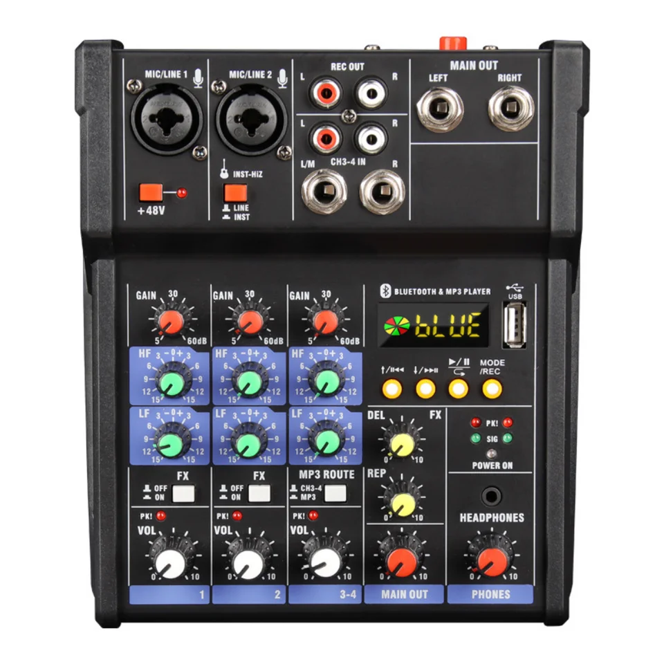 4 -kanálový zvukový mixér Audio Mixer Zosilňovač Konzola Vstavaná v reverb efekte DJ Mixer USB Audio pre DJ Studio Power zosilňovač