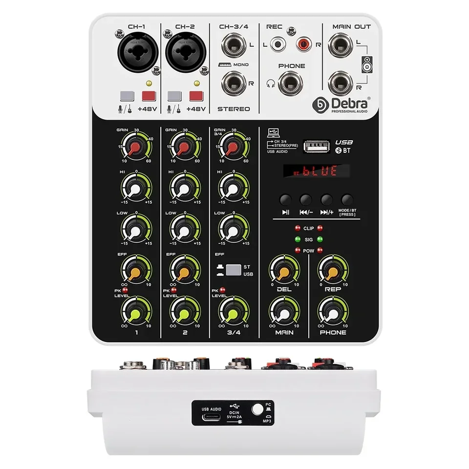 4 kanály Audio Mixer Bluetooth USB Record Computer Computer Console Mixing 48V Phantom Power Oneskorenia Repaat Effect V4 Zvukové mixéry