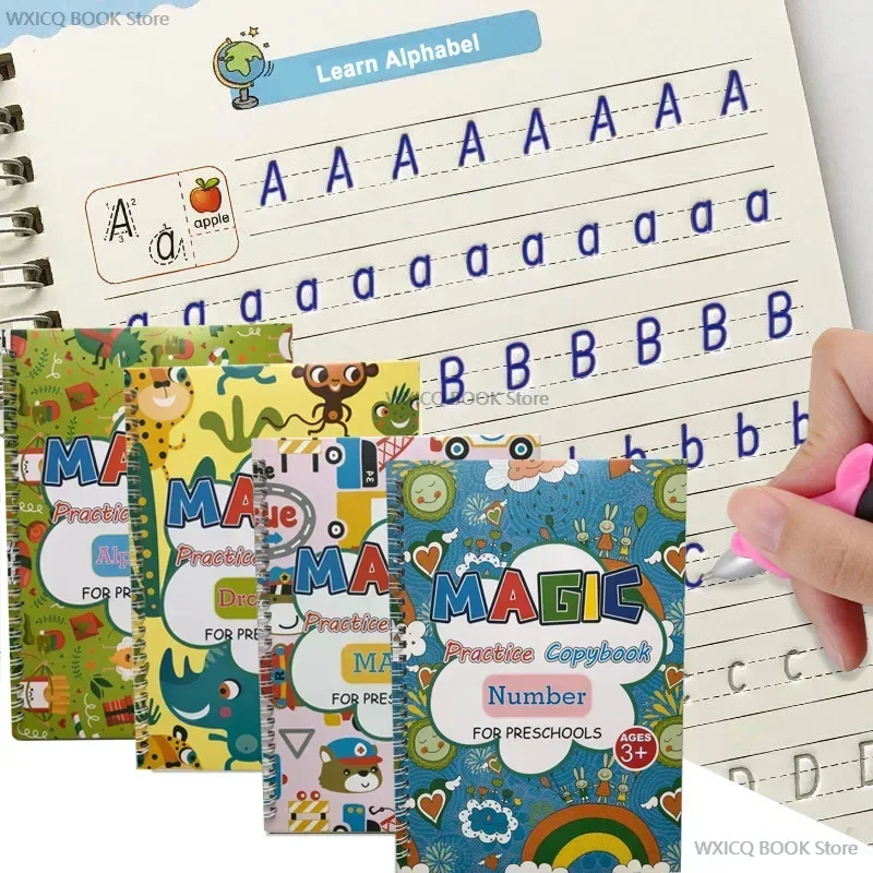 4 Knihy + Per Perg Practice Bookbook pre školskú angličtinu Sticker Groove Copybook pre Calligraphy Montessori Toys Wxicq