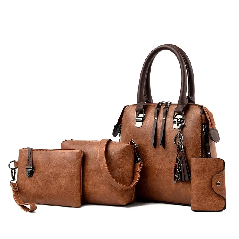 4 kusy/nastavené luxusné kabelky Ženy Vintage Pu Kožené tašky Tassel Designer Messenger Tašky zložené vrecká na ramene Žena
