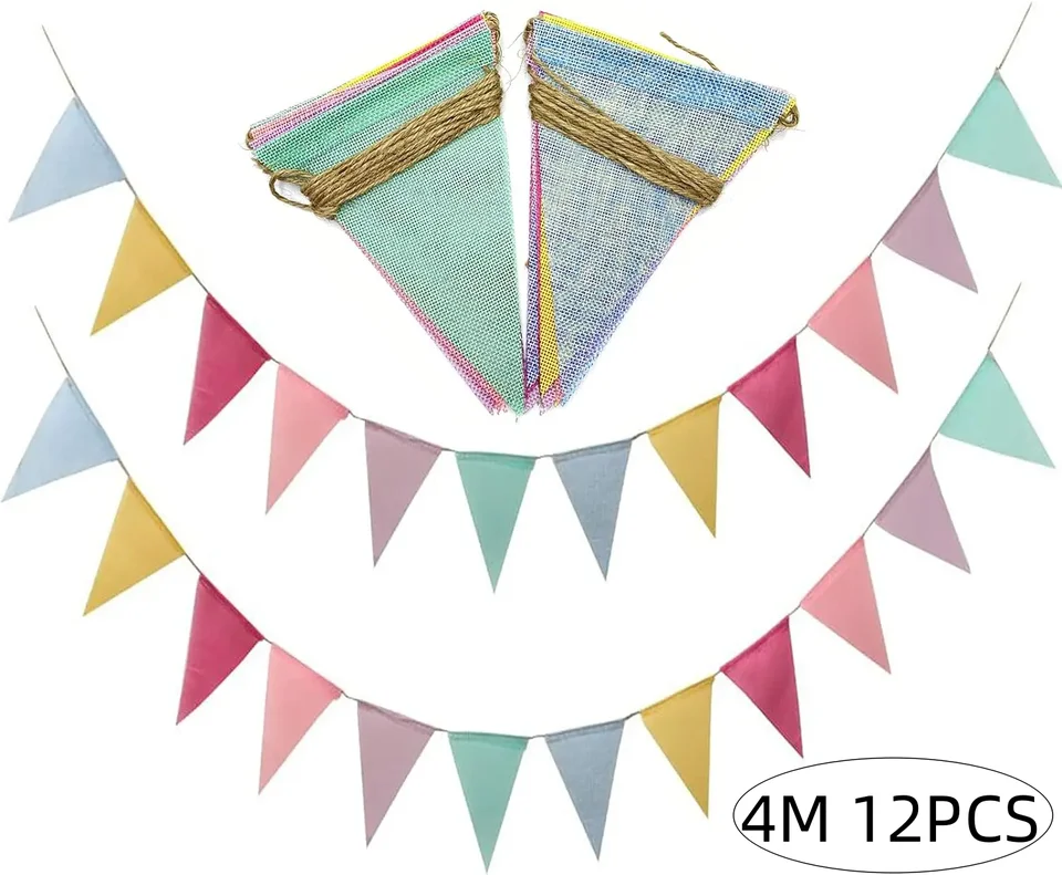 4 m 12ks farebné buntingové jutové bielizeň vlajky vlajky narodeniny Bunting Banners Wall zavesenie svadobného bannerového večierku Garland Homedecor