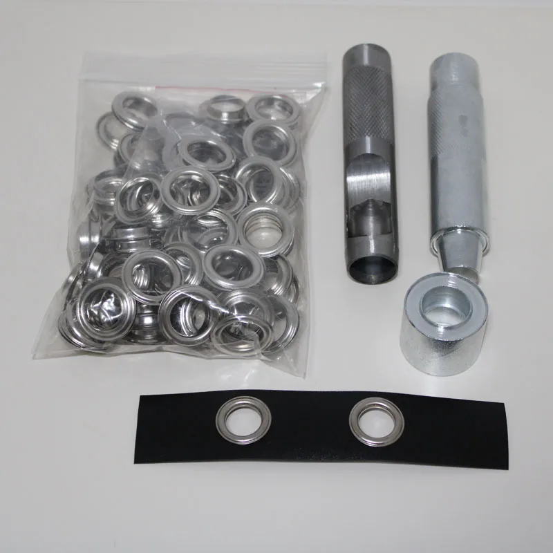 4 mm-20 mm 100 Sotujte strieborné očné okulá a punč s punčmi set kovové gombíky pre kožené remeselné oblečenie topánky BAG BAG GROMMET