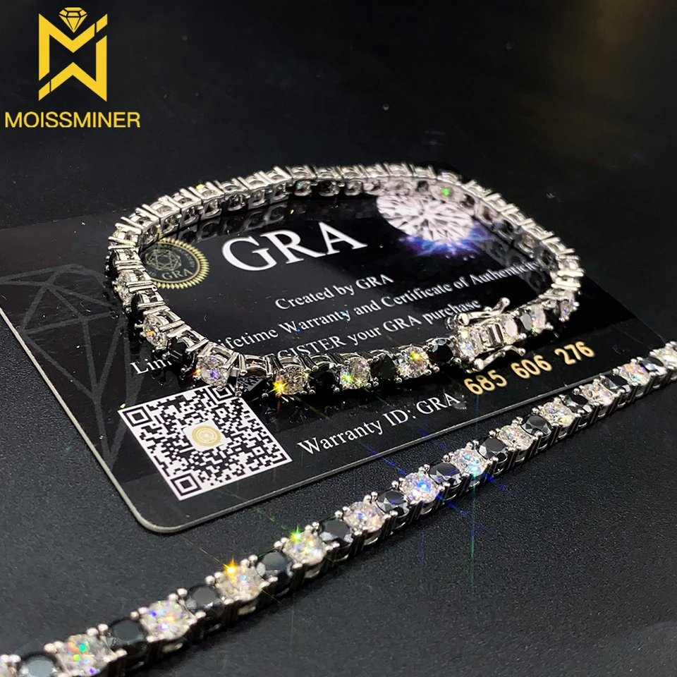4 mm moissanit tenisový reťazec Čierny náramky s jedným radom S925 Strieborné ľadové pre mužov pre mužov Hip Hop Jewelry Pass Diamonds tester Gra