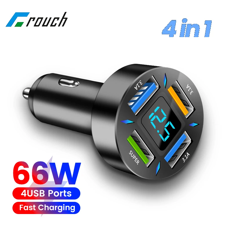 4 porty 66 W nabíjačka automobilu Rýchle nabíjanie PD QC3.0 USB Typ C Phone nabíjačku pre nabíjačku pre iPhone 14 13 13 Xiaomi Huawei Samsung