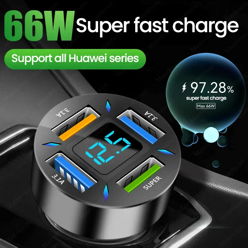 4 porty USB Car nabíjačka 66W rýchle nabíjanie PD Type C Cigareta Lighter Adapter pre iPhone 15 Xiaomi Samsung Car Phone nabíjačka