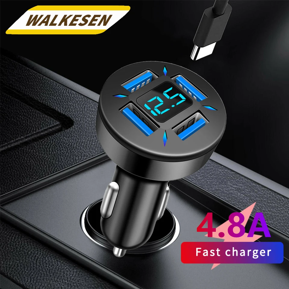 4 porty USB Digital Display CAR nabíjačka Rýchle nabíjanie adaptéra mobilného telefónu pre iPhone 15 Samsung Xiaomi Quick Charger3.0 nabíjačka