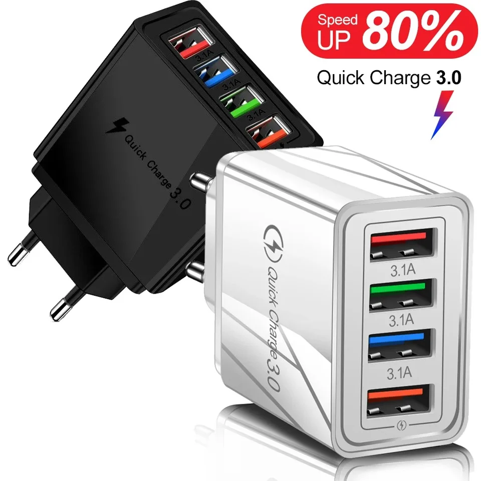 4 porty USB EÚ US Plug Charger 3.1a Rýchly nabíjanie 3.0 pre telefónny adaptér pre iPhone 15 Pro Max Tablet Prenosná mobilná nabíjačka