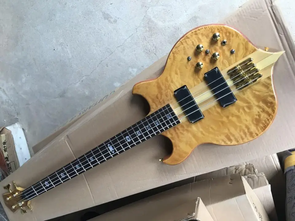 4 strunové krk cez aktívnu elektrickú basovú gitaru Prírodná farebná basová gitara s krkom cez pevné telo v sklade 915
