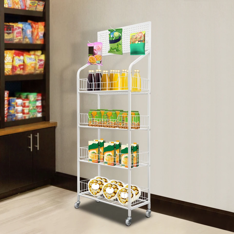 4-stupňový kovový drôt skladovací stojan na regály s kolesami, úložisko maloobchodných displejov, organizátor Candy Candy, Snack Basket Stock vozík