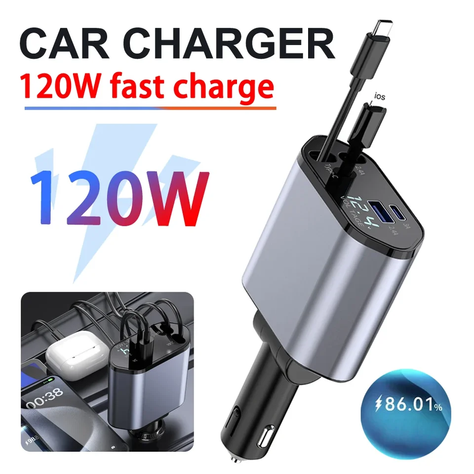 4 v 1 120 W nabíjačku automobilu zatiahnuteľné autá Cigaret Lighter Adapter USB Typ C Rýchla nabíjačka pre iPhone Xiaomi Huawei Samsung