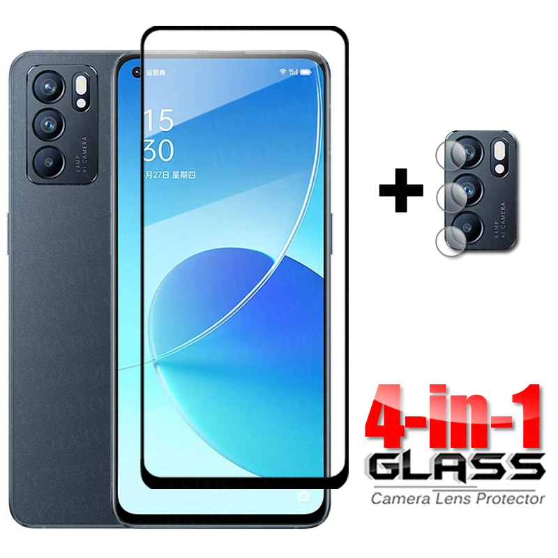 4-v-1 sklo Reno 6 5G Full Cover Temperované sklo pre Oppo Reno6 Reno 6 5G HD Phone Chránič Reno 6 5G Camera Camera Glass Glass