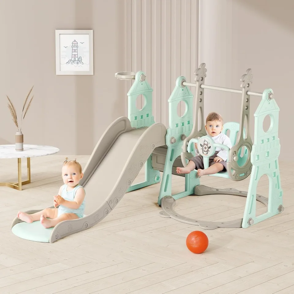 4-v-1 Toddler Slide and Swing Set s extra veľkým detským ihriskom, basketbalový obruč a horolezec, vnútorná/vonkajšia hračka