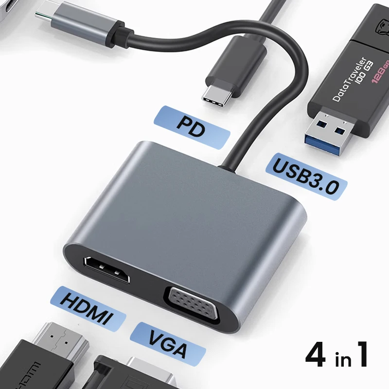 4 v 1 USB C až VAG HDMI PD Adaptér typ C Hub so 4K HDMI Port VGA port USB 3.0 Port 60W Doručenie napájania pre Mac Pro