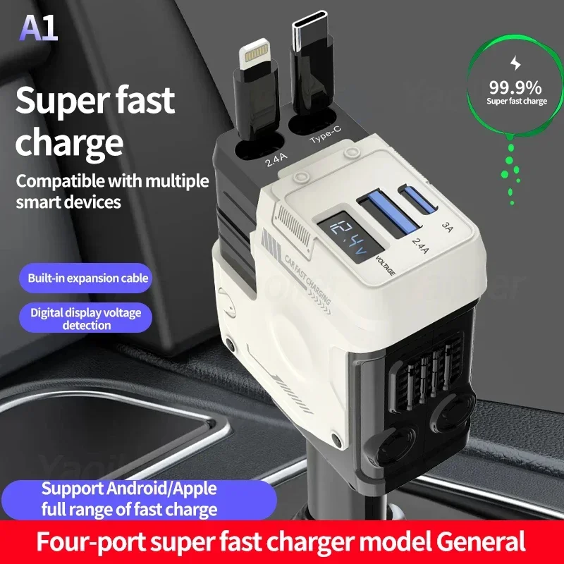 4 v 1 zatiahnuteľná nabíjačka 120 W auto Rýchle nabíjanie cigariet lapača adaptér USB Typ C Kábel pre iPhone Huawei Samsung