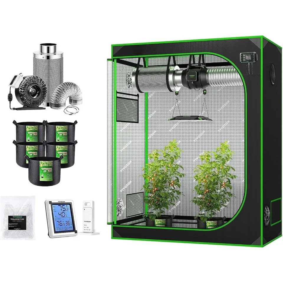 4 'x 2' Kompletná súprava Grow Stan ， Súprava na filtráciu vzduchu, 5-palec 5 galónov pestovateľov, 5 'x 15' sieťoviny Trellis a hygrometer, pestujte stan