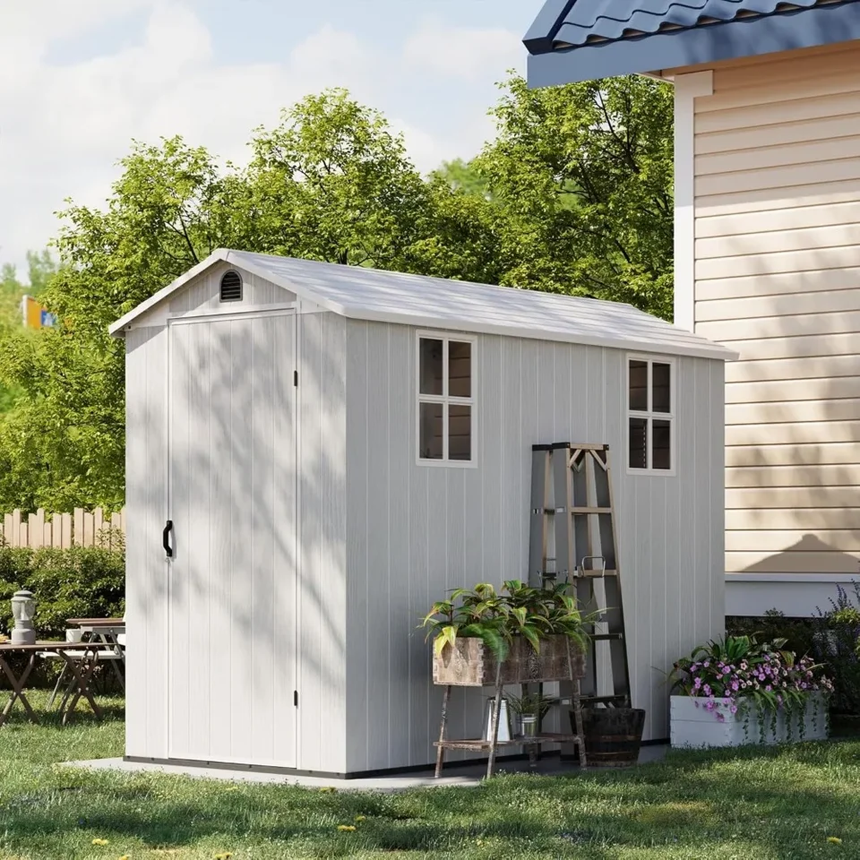 4 'x 8'Outdoor Storage Hal s podlahou, plastový prístrešok vonkajší živici s dvoma oknami a uzamykateľnými dverami pre záhradu