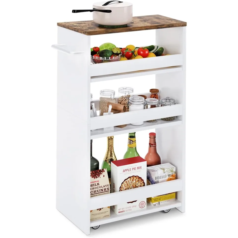 4 úrovne bieleho štíhleho úložného vozíka s rukoväťou, 7.9''w Saluing Out Storage Rolling Utility Cart Cart Mobile Policy Organizátor Trolley Trolley