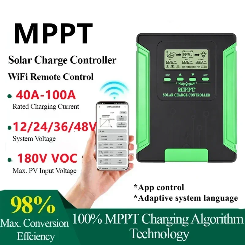 40/50/60/80/100a MPPT Solar Carge Controller 12V 24V 36V 48V Auto WiFi Solárny regulátor panela Max Solar Panel PV 180V Regulátor
