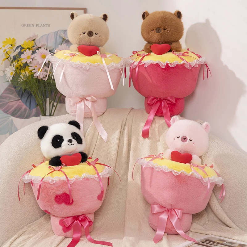 40 cm kawaii panda medveď kytice plyšové hračky Krásne zviera Capybary sa obracia na kyticový vankúš Kreatívny valentínsky darček pre pár