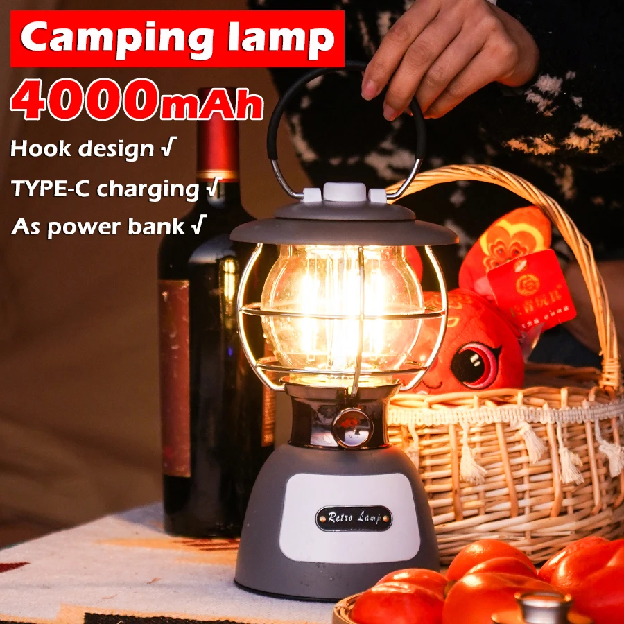 4000 mAh prenosný kemping Lantern Vintage petrolej lampa Stan Light Festival dekor pre vonkajšie núdzové výpadky domácnosti v interiéri