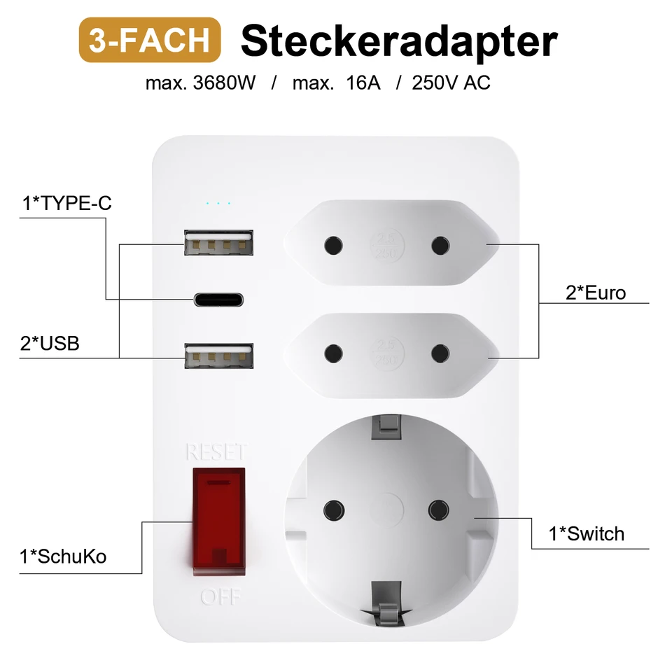 4000 W EÚ zásuvka Socket Socket s 3 AC Outlet 3 Adapter Seckets Sockets Seckets Seckets Seckets s prepínačom pre domáce cestovanie
