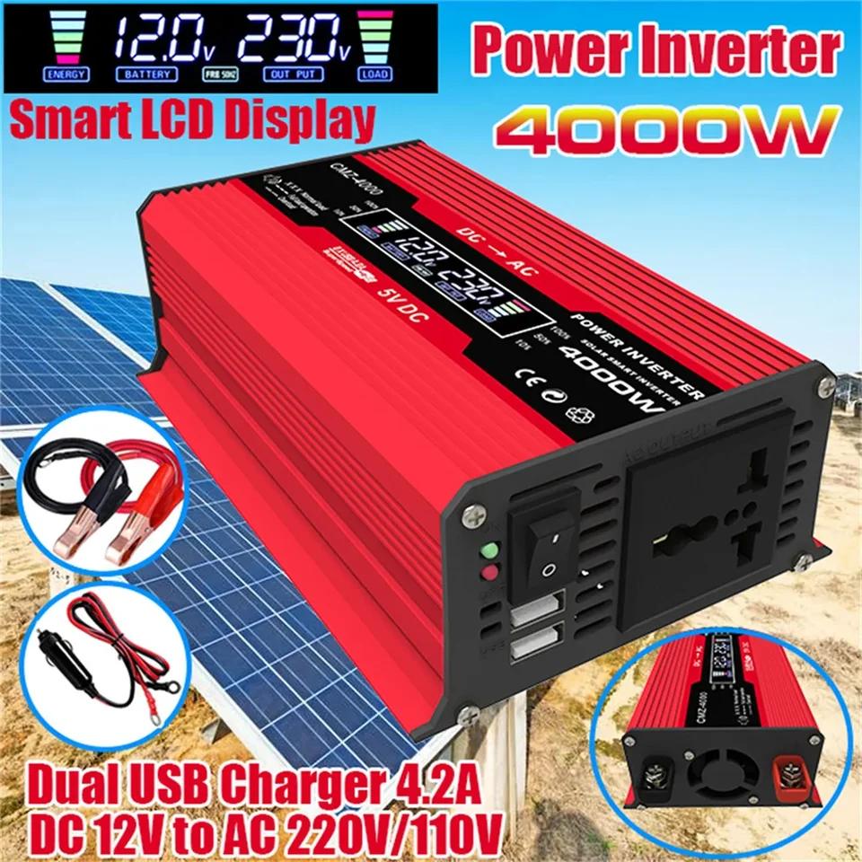 4000W invertor výkonu vozidla 12 V DC až AC 110V/220V Pure Sine Wave Inverter LCD LCD Displej Čistý konvertor sinínových vĺn