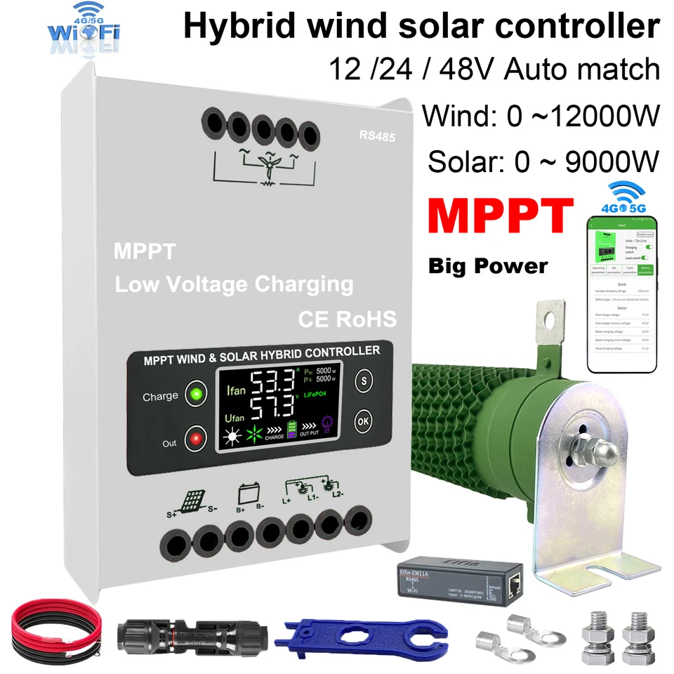 4000W Ovládač hybridného náboja veterného solárneho náboja s ekvalizérom, Auto 12 V 24 V 48 V, MPPT pre solárne a veterné, pre lítiovú olovenú batériu