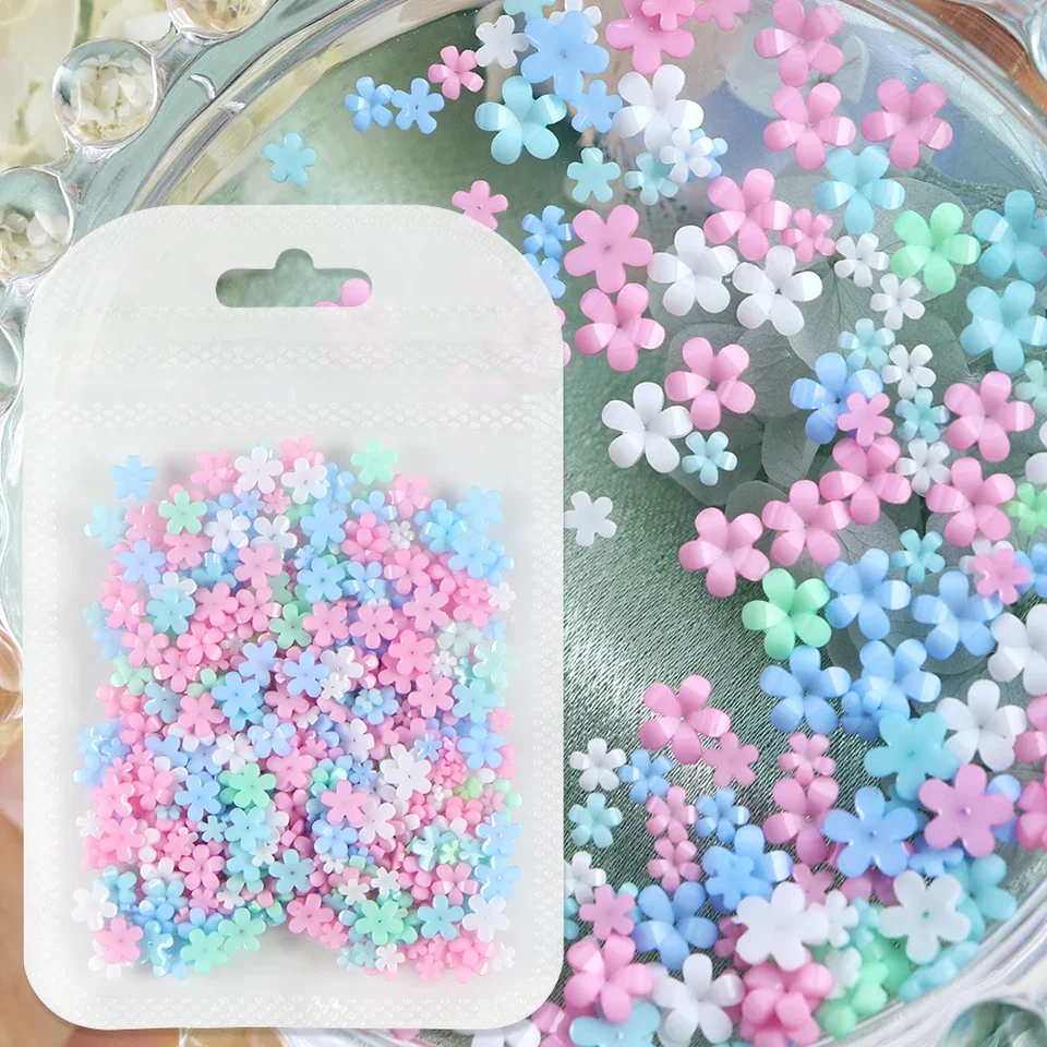 400ks/taška akrylový kvet 3D živice Plniace doplnky Zmiešané farby Roztomilé päť-petaové mini kvety Spring DIY šperky výroby výroby
