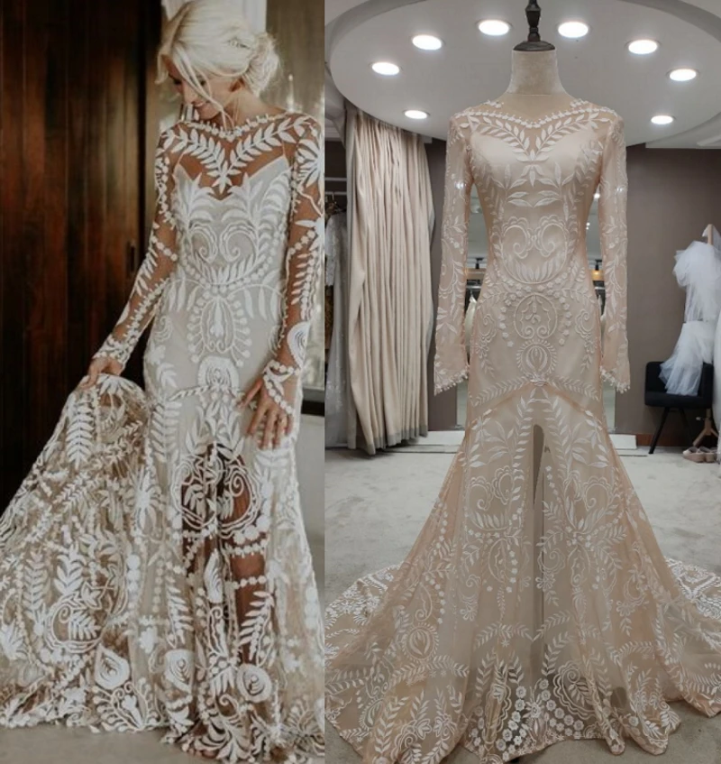 #4055 2 kus v 1 boho bohémsky dlhý rukáv Svadobné svadobné šaty pre ženy prispôsobené svadobné natáčanie post -bride šaty