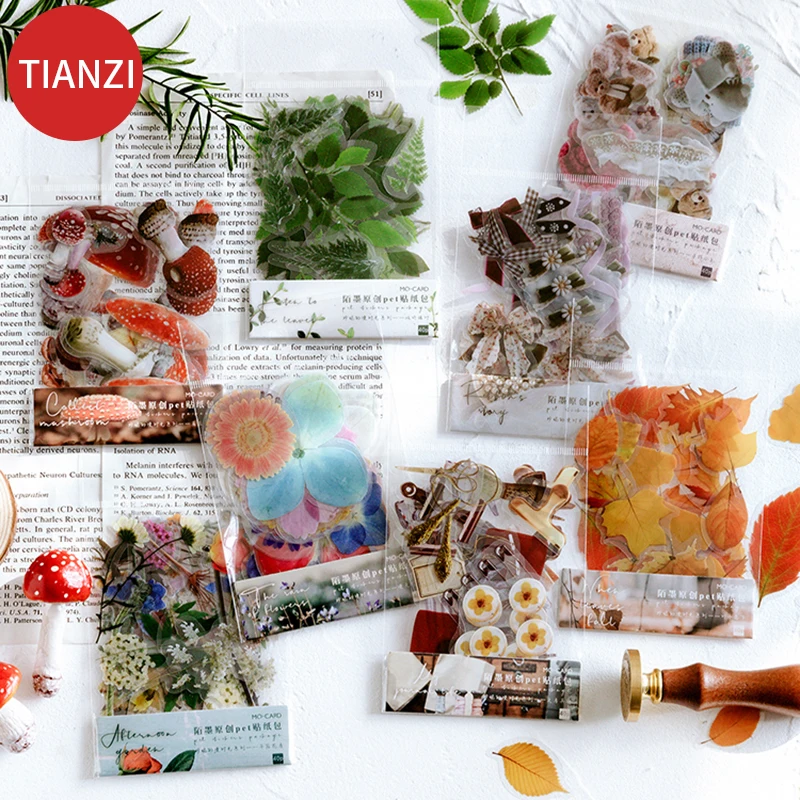 40ks/balenie rastliny kvetiny huby Ginkgo Pet Deco Diary Stickers Scrapbooking Planner Ins Dekoratívna nálepka na kancelárske potreby