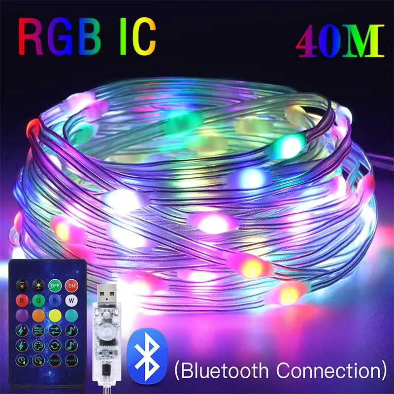 40m LED reťazec RGB Light Smart Enter Outdoor Festoon Party Line Line IP65 Bluetooth Hudobná lampa Struka rozprávkových svetiel Holiday Lighting