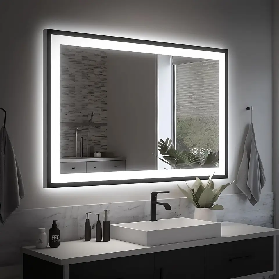40x24 LED kúpeľňa zrkadlo Čierny hliník zarámovaný predný a podsvietený zrkadlo proti zarámovanej kúpeľňovej márnosti